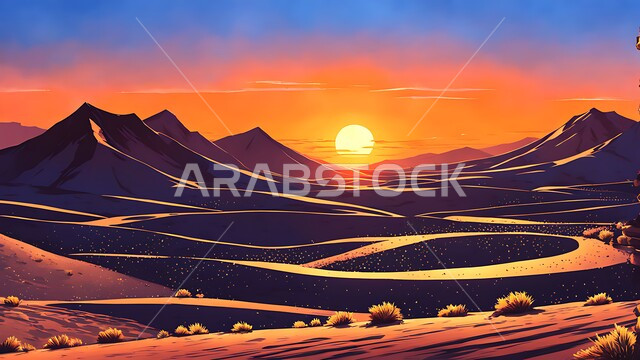 الطبيعة الصحراوية في المملكة العربية السعودية،  القمم والمرتفعات الجبلية وقت غروب الشمس، التكوينات والتشكيلات الصخرية الطبيعية في الصحاري، الرمال الذهبية الناعمة والكثبان الرملية، خلفية طبيعية