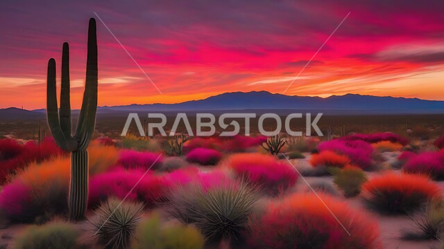 نمو الشوكيات والأعشاب في براري المملكة العربية السعودية، نبات الصبار الشوكي في المناطق الصحراوية، غروب الشمس فوق مناطق البادية والبيئة الطبيعية الصحراوية، خلفية طبيعية