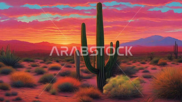 Prickly cactus in desert areas, growth of thorns and herbs in the wilderness of Saudi Arabia, sunset over desert areas and natural environment, natural background
