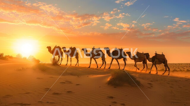 Animals of movement and migration in the past, a caravan of camels walking over sand dunes on a desert road, raising Arabian camels and female camels in the nature reserves in the desert, the natural landscapes and soft golden sands in the Kingdom of Saudi Arabia, the ancient popular Bedouin life
