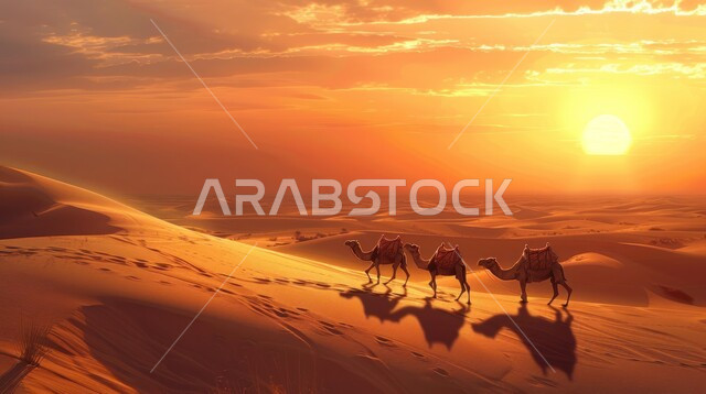 حيوانات التنقل و الترحال في القدم، قافلة من الإبل تسير فوق الكثبان الرملية في طريق صحراوي، تربية الجمال والنوق العربية في المحميات الطبيعية في البادية، المناظر الطبيعية والرمال الذهبية الناعمة في المملكة العربية السعودية، الحياة البدوية الشعبية القديمة 