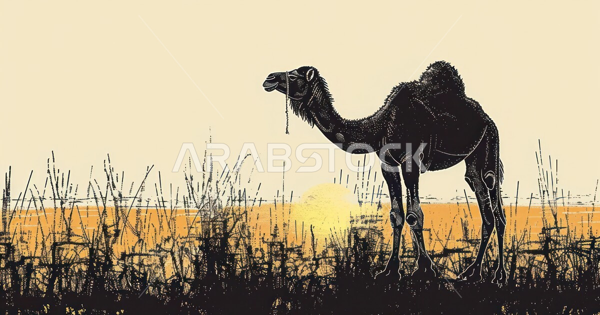 لوحة فنية بالألوان الزيتية لجمل عربي أصيل يقف غلى الرمال وسط الصحراء ...
