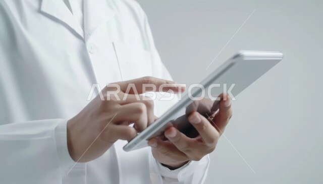 Integrating modern technologies into medical fields, development of the health sector in the Kingdom of Saudi Arabia, providing remote consultations to patients, technological devices, close-up portrait of a Saudi Arabian Gulf doctor wearing a white coat holding a tablet in his hands, gray background