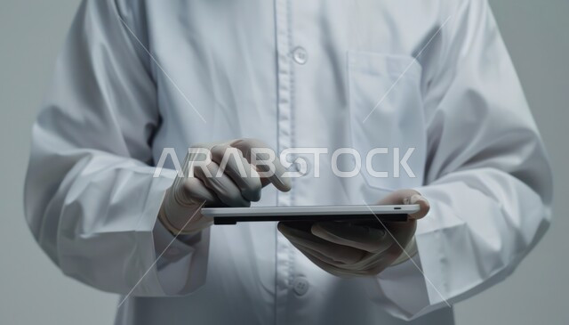 Integrating modern technologies into medical fields, development of the health sector in the Kingdom of Saudi Arabia, providing remote consultations to patients, technological devices, close-up portrait of a Saudi Arabian Gulf doctor wearing a white coat holding a tablet in his hands, gray background