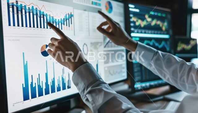 تحليل البيانات والمعلومات المصرفية، سوق البورصة العالمي، تداول العملة الرقمية، دمج التكنولوجيا المتطورة مع العمل، مراقبة الرسوم البيانية والمخططات الشريطية، صورة مقربة ليد رجل عربي خليجي سعودي يشير إلى صعود وهبوط المؤشرات المضيئة والأسهم على الشاشة أمامه