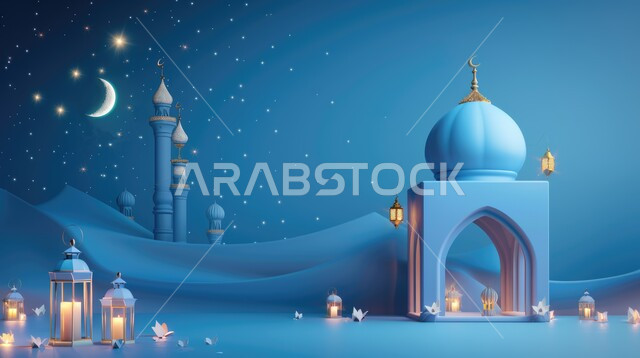 مفهوم العبادة والتقرب الى الله تعالى, قدوم شهر الخير, رسوم توضيحية ثلاثية الأبعاد لمآذن وقبب المساجد الاسلامية, الفوانيس المعدنية المضاءة, خلفية زرقاء