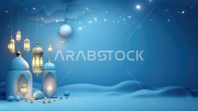 رسوم توضيحية ثلاثية الأبعاد لمآذن وقبب المساجد الاسلامية, الفوانيس المعدنية المضيئة المعلقة, مفهوم العبادة والتقرب الى الله تعالى, قدوم شهر الخير, خلفية زرقاء