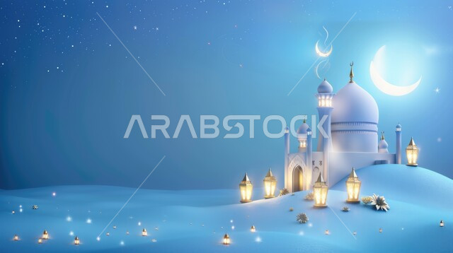 مفهوم العبادة والتقرب الى الله تعالى, قدوم شهر الخير, رسوم توضيحية ثلاثية الأبعاد لمآذن وقبب المساجد الاسلامية, الفوانيس المعدنية المضاءة, خلفية زرقاء