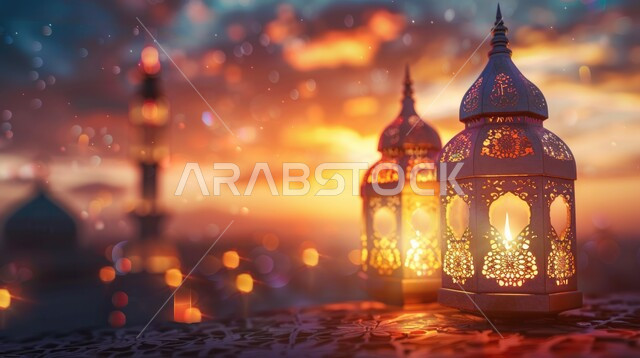 مفهوم العبادة والتقرب الى الله تعالى, زينة الأعياد والمناسبات الدينية, رسوم توضيحية ثلاثية الأبعاد لفوانيس معدنية مضاءة, الديكورات والتصاميم الهندسية المميزة في رمضان المبارك, قدوم شهر الخير
