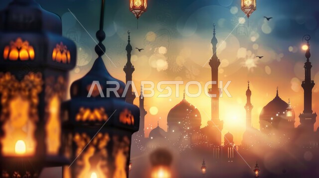 رسوم توضيحية ثلاثية الأبعاد لمآذن وقبب المساجد الأسلامية, الفوانيس المعدنية المعلقة في وقت الليل, مفهوم العبادة والتقرب الى الله تعالى, زينة الأعياد والمناسبات الدينية, الديكورات والتصاميم الهندسية المميزة في رمضان المبارك, قدوم شهر الخير