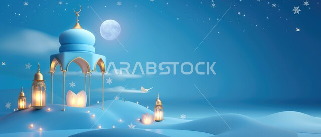 مفهوم العبادة والتقرب الى الله تعالى, قدوم شهر الخير, رسوم توضيحية ثلاثية الأبعاد لمآذن وقبب المساجد الاسلامية, الفوانيس المعدنية المضاءة, خلفية زرقاء