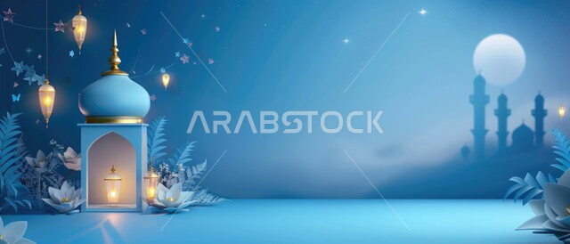 رسوم توضيحية ثلاثية الأبعاد لمآذن وقبب المساجد الاسلامية, الفوانيس المعدنية المضيئة المعلقة, مفهوم العبادة والتقرب الى الله تعالى, قدوم شهر الخير, خلفية زرقاء
