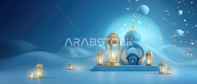 مفهوم العبادة والتقرب الى الله تعالى, قدوم شهر الخير, رسوم توضيحية ثلاثية الأبعاد لمآذن وقبب المساجد الاسلامية, الفوانيس المعدنية المضاءة, خلفية زرقاء