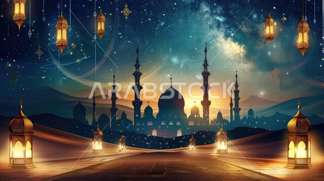 رسوم توضيحية ثلاثية الأبعاد لمآذن وقبب المساجد الأسلامية, الفوانيس المعدنية المعلقة في وقت الليل, مفهوم العبادة والتقرب الى الله تعالى, منظر القمر والنجوم المضيئة في السماء, قدوم شهر الخير