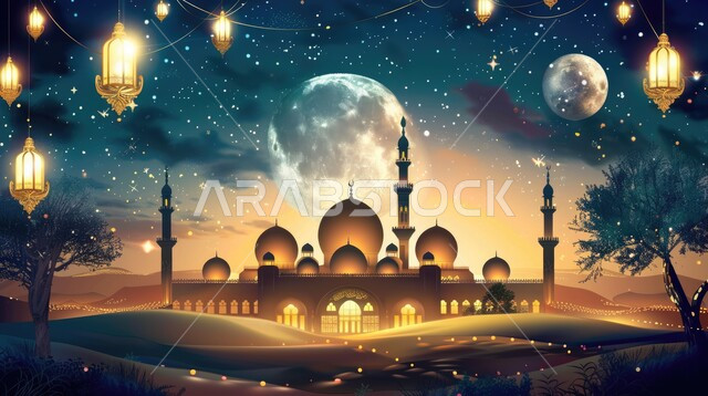 منظر القمر والنجوم المضيئة في السماء, قدوم شهر الخير, رسوم توضيحية ثلاثية الأبعاد لمآذن وقبب المساجد الأسلامية, الفوانيس المعدنية المعلقة في وقت الليل, مفهوم العبادة والتقرب الى الله تعالى, زينة الأعياد والمناسبات الدينية