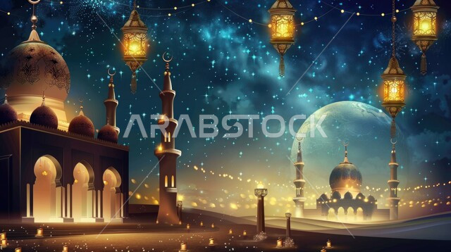 قدوم شهر الخير, رسوم توضيحية ثلاثية الأبعاد لمآذن وقبب المساجد الأسلامية, الفوانيس المعدنية المعلقة في وقت الليل, مفهوم العبادة والتقرب الى الله تعالى, زينة الأعياد والمناسبات الدينية, الديكورات والتصاميم الهندسية المميزة في رمضان المبارك
