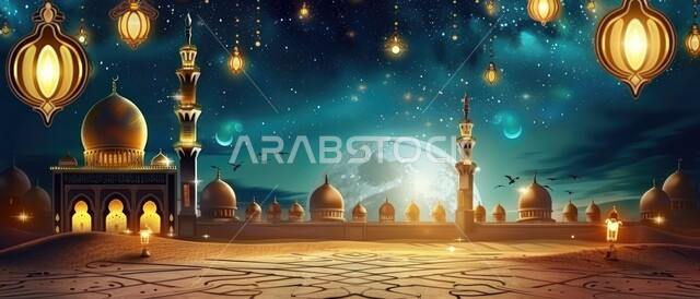 قدوم شهر الخير, رسوم توضيحية ثلاثية الأبعاد لمآذن وقبب المساجد الأسلامية, الفوانيس المعدنية المعلقة في وقت الليل, مفهوم العبادة والتقرب الى الله تعالى, زينة الأعياد والمناسبات الدينية, الديكورات والتصاميم الهندسية المميزة في رمضان المبارك