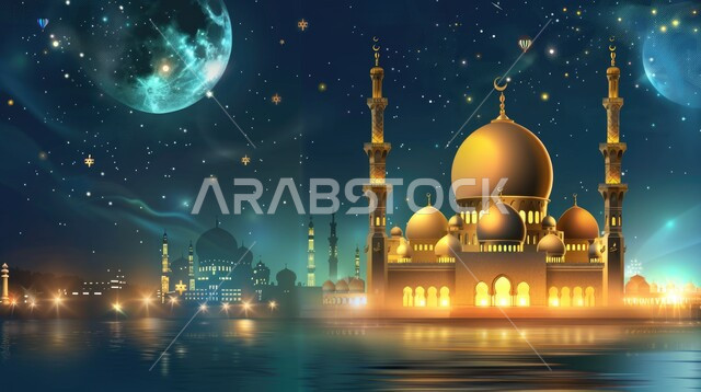 مفهوم العبادة والتقرب الى الله تعالى, قدوم شهر الخير,  رسوم توضيحية ثلاثية الأبعاد لمآذن وقبب المساجد الأسلامية, الديكورات والتصاميم الهندسية المميزة في رمضان المبارك, زينة الأعياد والمناسبات الدينية