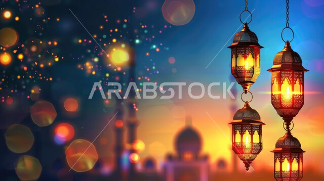 فوانيس وتحف اسلامية تقليدية للاحتفال بقدوم شهر الخير، الفن الاسلامي للتحف والاكسسوارات، فانوس عربي معدني مزخرف مضيء، إضاءة وزينة شهر رمضان المبارك