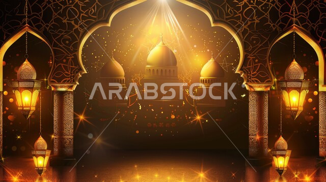 الفوانيس المعدنية المعلقة المضيئة في وقت الليل, مفهوم العبادة والتقرب الى الله تعالى, قدوم شهر الخير, الديكورات والتصاميم الهندسية المميزة في رمضان المبارك, زينة الأعياد والمناسبات الدينية, رسوم توضيحية ثلاثية الأبعاد لمآذن وقبب المساجد الأسلامية