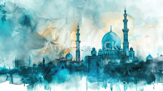 رسوم توضيحية باللون الأزرق لقبب ومآذن أحد المساجد في المملكة العربية السعودية, زخارف وتصاميم دينية, دعوة المسلمين الى الصلاة, مفهوم العبادة والتقرب الى الله