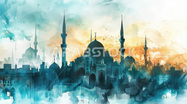 رسوم توضيحية باللون الأزرق لقبب ومآذن أحد المساجد في المملكة العربية السعودية, زخارف وتصاميم دينية, دعوة المسلمين الى الصلاة, مفهوم العبادة والتقرب الى الله