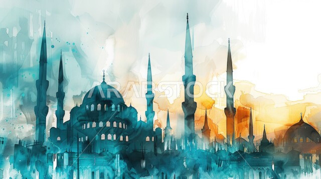 رسوم توضيحية باللون الأزرق لقبب ومآذن أحد المساجد في المملكة العربية السعودية, زخارف وتصاميم دينية, دعوة المسلمين الى الصلاة, مفهوم العبادة والتقرب الى الله