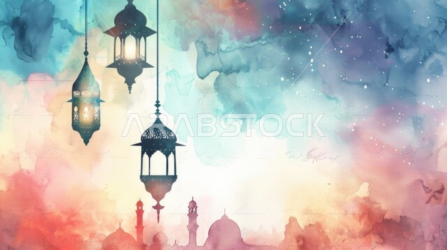 رسوم توضيحية لمجموعة من الفوانيس العربية التقليدية المعلقة, تحف اسلامية للاحتفال بقدوم شهر الخير، الفن الاسلامي للتحف والاكسسوارات، إضاءة وزينة شهر رمضان المبارك, خلفية ملونة
