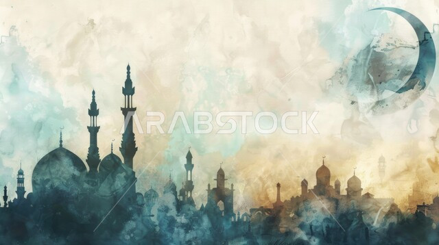 رسوم توضيحية لقبب ومآذن أحد المساجد في المملكة العربية السعودية, الفن الهندسي المعماري على الطراز الأسلامي, دعوة المسلمين الى الصلاة, مفهوم العبادة والتقرب الى الله