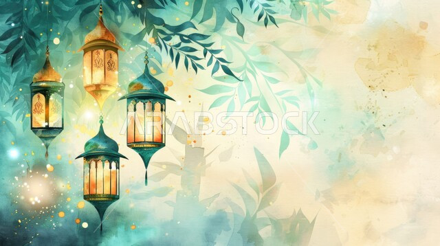 رسوم توضيحية لمجموعة من الفوانيس العربية التقليدية المعلقة, تحف اسلامية للاحتفال بقدوم شهر الخير، الفن الاسلامي للتحف والاكسسوارات، إضاءة وزينة شهر رمضان المبارك, خلفية ملونة