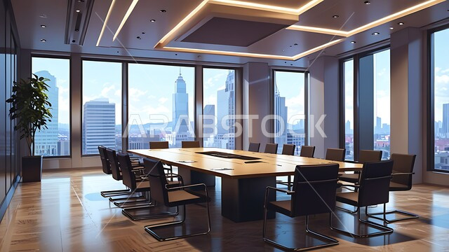 النوافذ والواجهات الزجاجية، غرف مكتبية بتصاميم وديكورات داخلية فخمة، غرفة اجتماعات واسعة مع طاولة محاطة بكراسي، التصميم العصري الحديث للمكاتب في الشركات السعودية