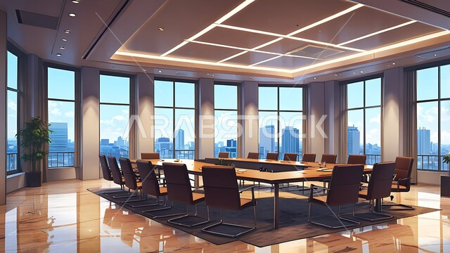 النوافذ والواجهات الزجاجية، غرف مكتبية بتصاميم وديكورات داخلية فخمة، غرفة اجتماعات واسعة مع طاولة محاطة بكراسي، التصميم العصري الحديث للمكاتب في الشركات السعودية