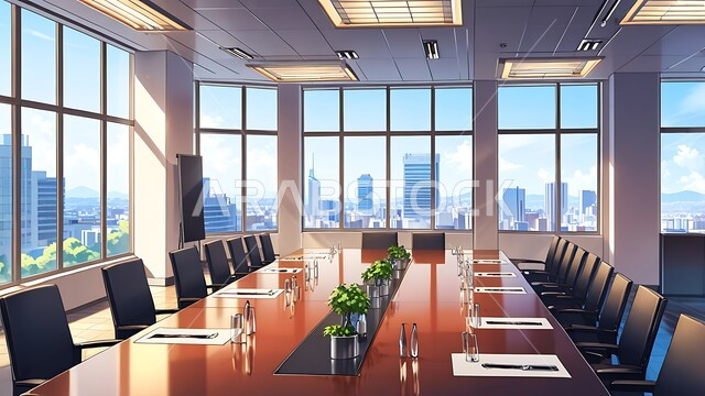 النوافذ والواجهات الزجاجية، غرف مكتبية بتصاميم وديكورات داخلية فخمة، غرفة اجتماعات واسعة مع طاولة محاطة بكراسي، التصميم العصري الحديث للمكاتب في الشركات السعودية