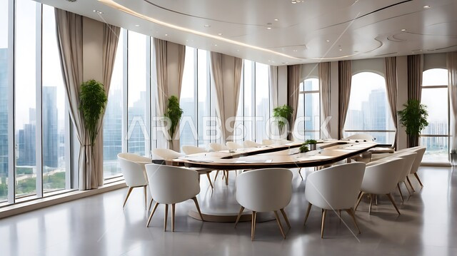 النوافذ والواجهات الزجاجية، غرف مكتبية بتصاميم وديكورات داخلية فخمة، غرفة اجتماعات واسعة مع طاولة محاطة بكراسي، التصميم العصري الحديث للمكاتب في الشركات السعودية