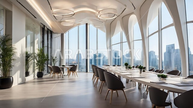 غرفة اجتماعات واسعة مع طاولة محاطة بكراسي، غرف مكتبية بتصاميم وديكورات داخلية فخمة، التصميم العصري الحديث للمكاتب في الشركات السعودية، النوافذ والواجهات الزجاجية