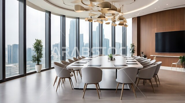 غرفة اجتماعات واسعة مع طاولة محاطة بكراسي، غرف مكتبية بتصاميم وديكورات داخلية فخمة، التصميم العصري الحديث للمكاتب في الشركات السعودية، النوافذ والواجهات الزجاجية