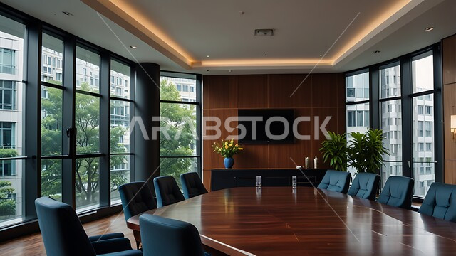 A spacious meeting room with a table surrounded by chairs, office rooms with luxurious interior designs and decorations, the modern design of offices in Saudi companies, windows and glass facades