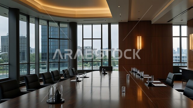 A spacious meeting room with a table surrounded by chairs, office rooms with luxurious interior designs and decorations, the modern design of offices in Saudi companies, windows and glass facades