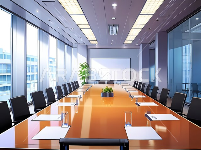 غرفة اجتماعات واسعة مع طاولة محاطة بكراسي، غرف مكتبية بتصاميم وديكورات داخلية فخمة، التصميم العصري الحديث للمكاتب في الشركات السعودية، النوافذ والواجهات الزجاجية