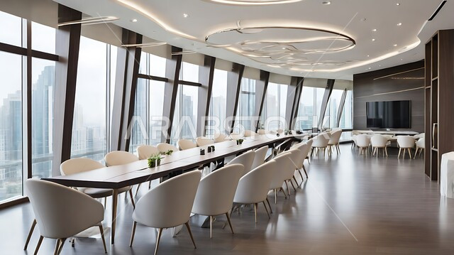 Office rooms with luxurious interior designs and decorations, a spacious meeting room with a table surrounded by chairs, the modern modern design of offices in Saudi companies, windows and glass facades
