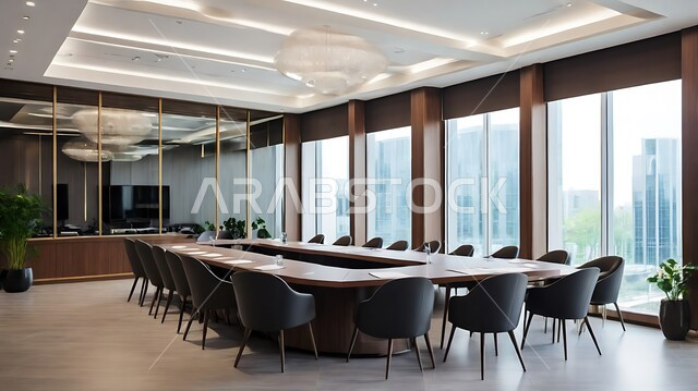  غرف مكتبية بتصاميم وديكورات داخلية فخمة، غرفة اجتماعات واسعة مع طاولة محاطة بكراسي، التصميم العصري الحديث للمكاتب في الشركات السعودية، النوافذ والواجهات الزجاجية