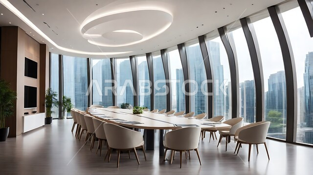 Office rooms with luxurious interior designs and decorations, a spacious meeting room with a table surrounded by chairs, the modern modern design of offices in Saudi companies, windows and glass facades