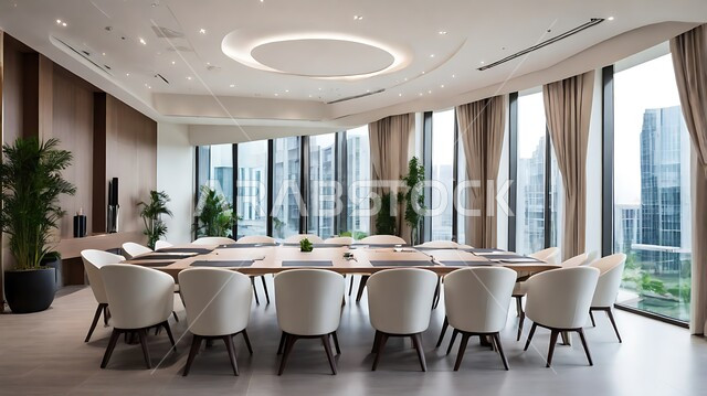 Office rooms with luxurious interior designs and decorations, a spacious meeting room with a table surrounded by chairs, the modern modern design of offices in Saudi companies, windows and glass facades