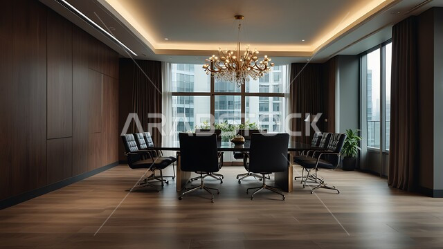  غرف مكتبية بتصاميم وديكورات داخلية فخمة، غرفة اجتماعات واسعة مع طاولة محاطة بكراسي، التصميم العصري الحديث للمكاتب في الشركات السعودية، النوافذ والواجهات الزجاجية