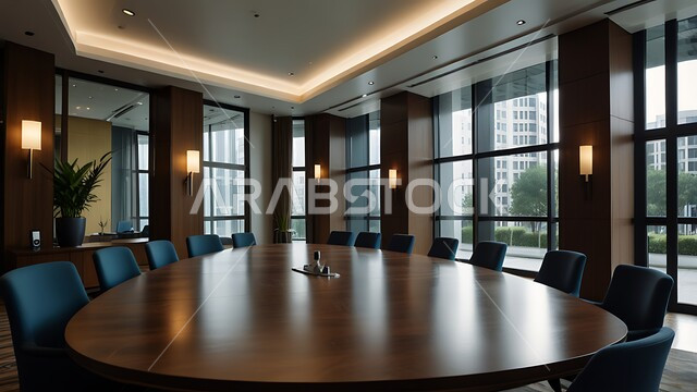 التصميم العصري الحديث للمكاتب في الشركات السعودية، غرفة اجتماعات واسعة مع طاولة محاطة بكراسي، النوافذ والواجهات الزجاجية، غرف مكتبية بتصاميم وديكورات داخلية فخمة