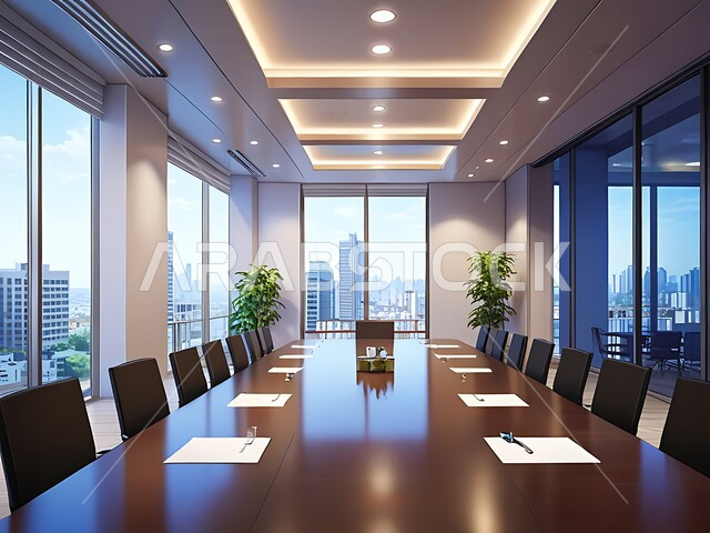 التصميم العصري الحديث للمكاتب في الشركات السعودية، غرفة اجتماعات واسعة مع طاولة محاطة بكراسي، النوافذ والواجهات الزجاجية، غرف مكتبية بتصاميم وديكورات داخلية فخمة