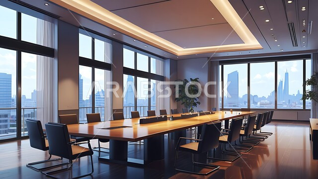 التصميم العصري الحديث للمكاتب في الشركات السعودية، غرفة اجتماعات واسعة مع طاولة محاطة بكراسي، النوافذ والواجهات الزجاجية، غرف مكتبية بتصاميم وديكورات داخلية فخمة