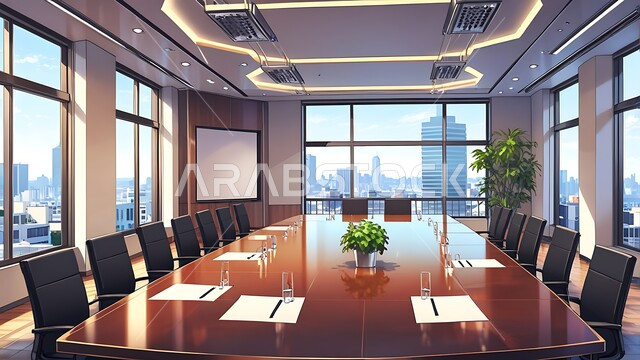 النوافذ والواجهات الزجاجية، التصميم العصري الحديث للمكاتب في الشركات السعودية، غرفة اجتماعات واسعة مع طاولة محاطة بكراسي، غرف مكتبية بتصاميم وديكورات داخلية فخمة