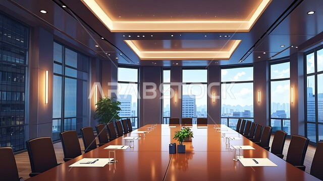النوافذ والواجهات الزجاجية، التصميم العصري الحديث للمكاتب في الشركات السعودية، غرفة اجتماعات واسعة مع طاولة محاطة بكراسي، غرف مكتبية بتصاميم وديكورات داخلية فخمة
