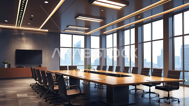 النوافذ والواجهات الزجاجية، التصميم العصري الحديث للمكاتب في الشركات السعودية، غرفة اجتماعات واسعة مع طاولة محاطة بكراسي، غرف مكتبية بتصاميم وديكورات داخلية فخمة